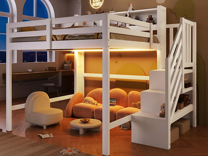 Lit mezzanine 140x200cm - avec éclairage LED - avec échelle de rangement - Blanc (matelas non inclus)