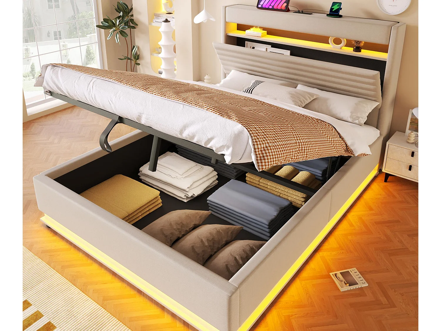 Lit coffre rembourré 140x200 cm - avec port USB Type-C - avec éclairage LED - avec compartiment de rangement - Beige (matelas non inclus)