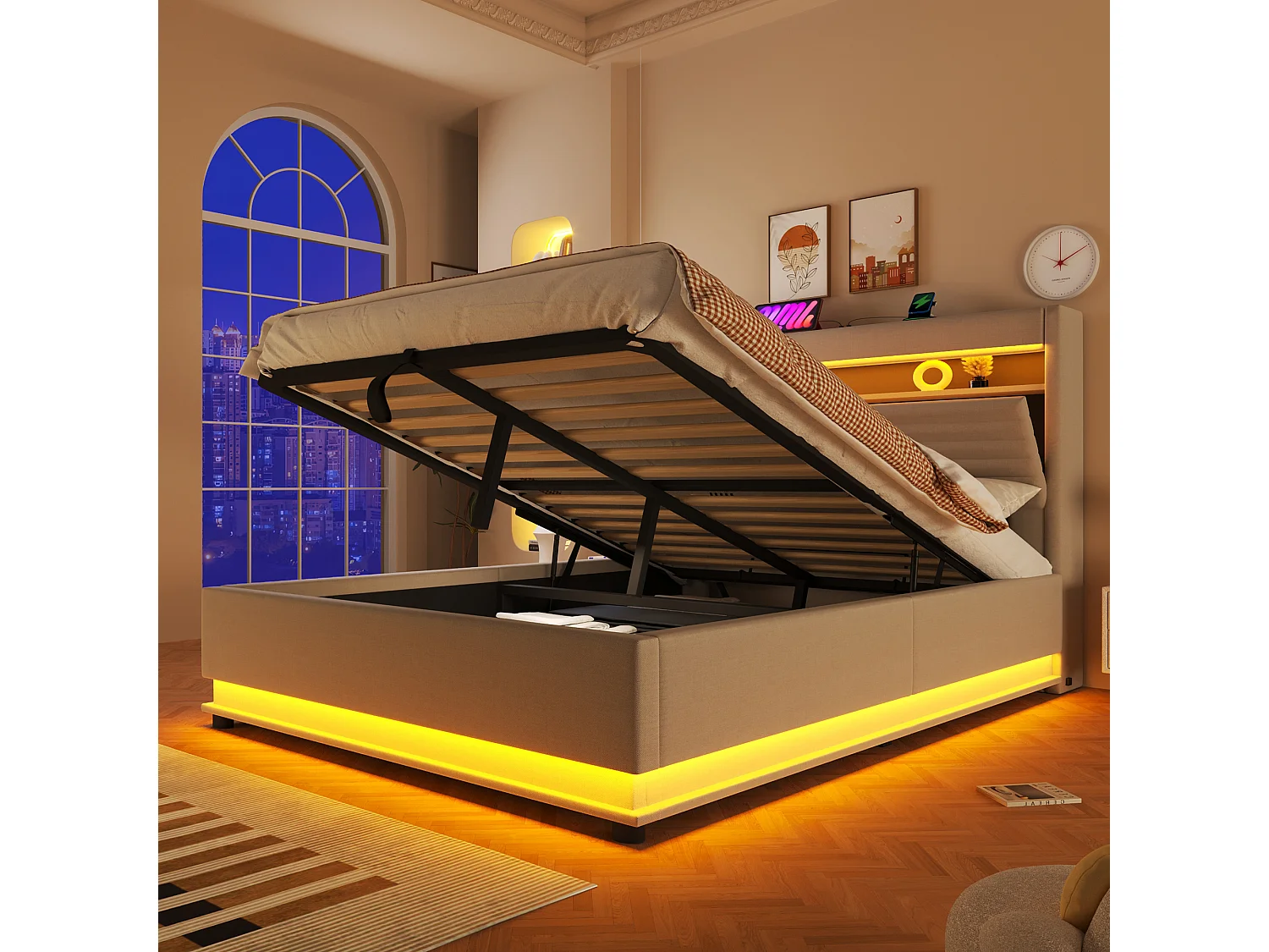 Lit coffre rembourré 140x200 cm - avec port USB Type-C - avec éclairage LED - avec compartiment de rangement - Beige (matelas non inclus)