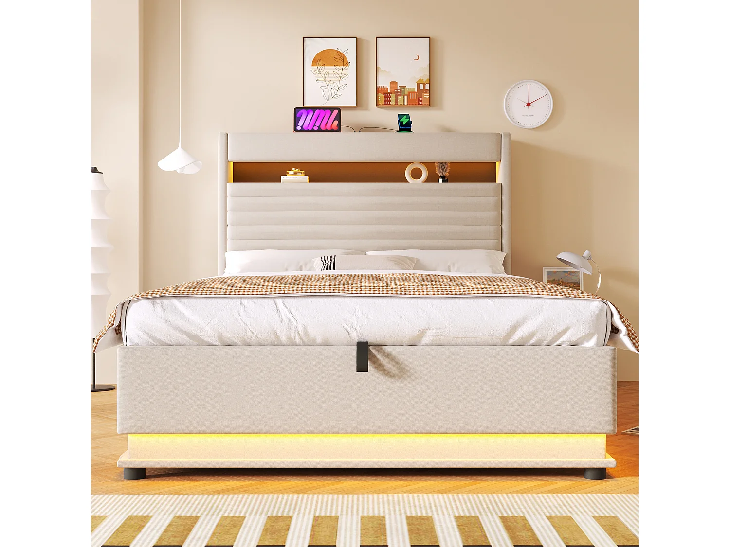 Lit coffre rembourré 140x200 cm - avec port USB Type-C - avec éclairage LED - avec compartiment de rangement - Beige (matelas non inclus)