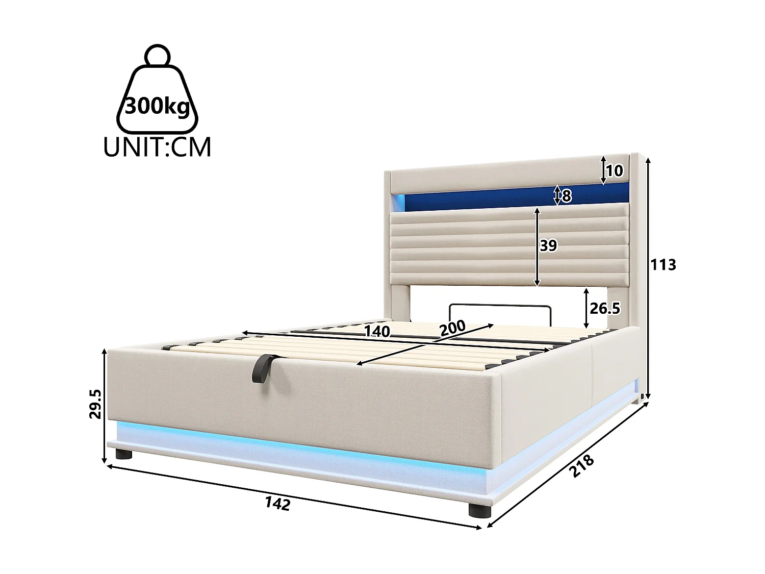 Lit coffre rembourré 140x200 cm - avec port USB Type-C - avec éclairage LED - avec compartiment de rangement - Beige (matelas non inclus)