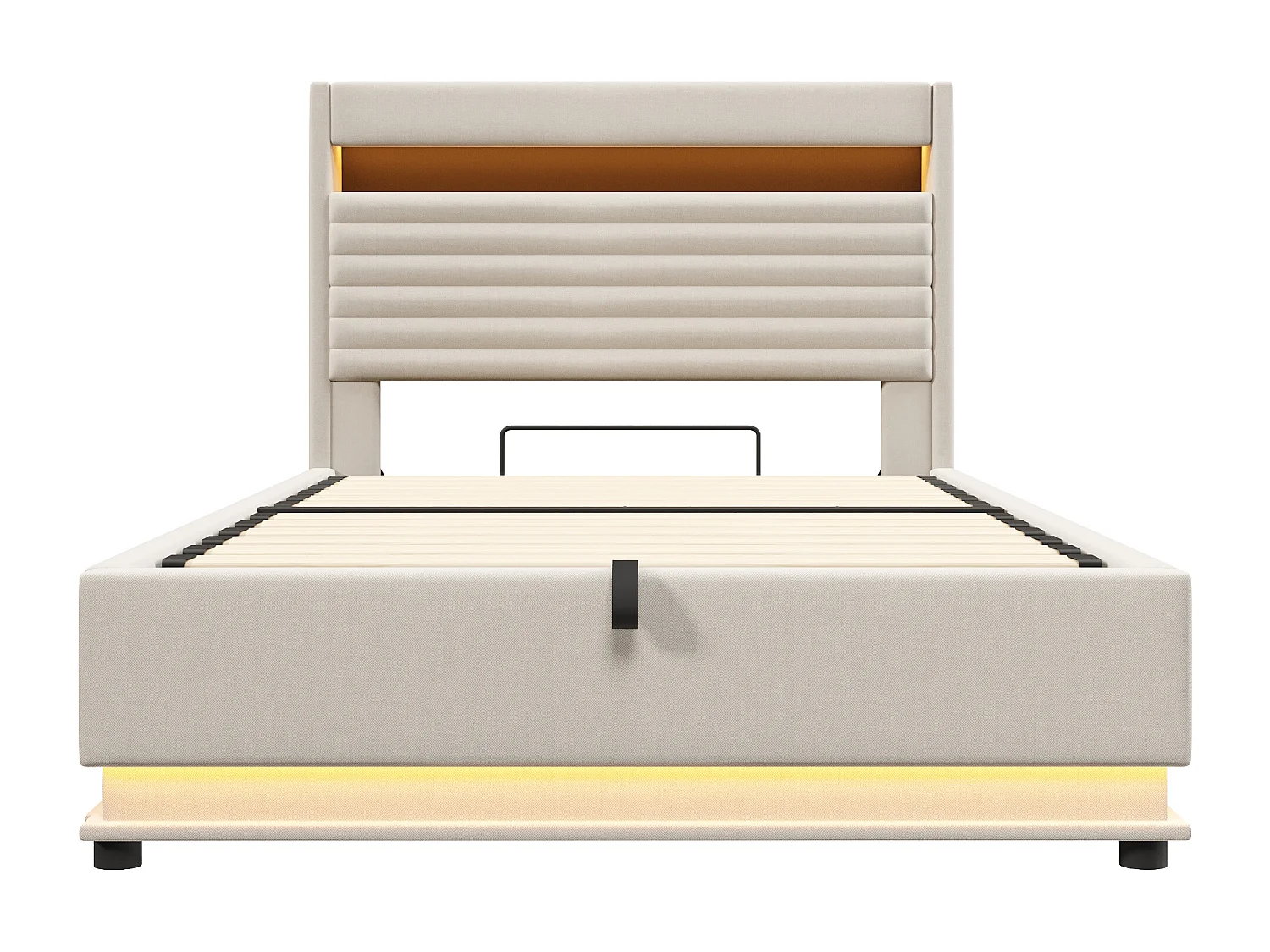 Lit coffre rembourré 140x200 cm - avec port USB Type-C - avec éclairage LED - avec compartiment de rangement - Beige (matelas non inclus)