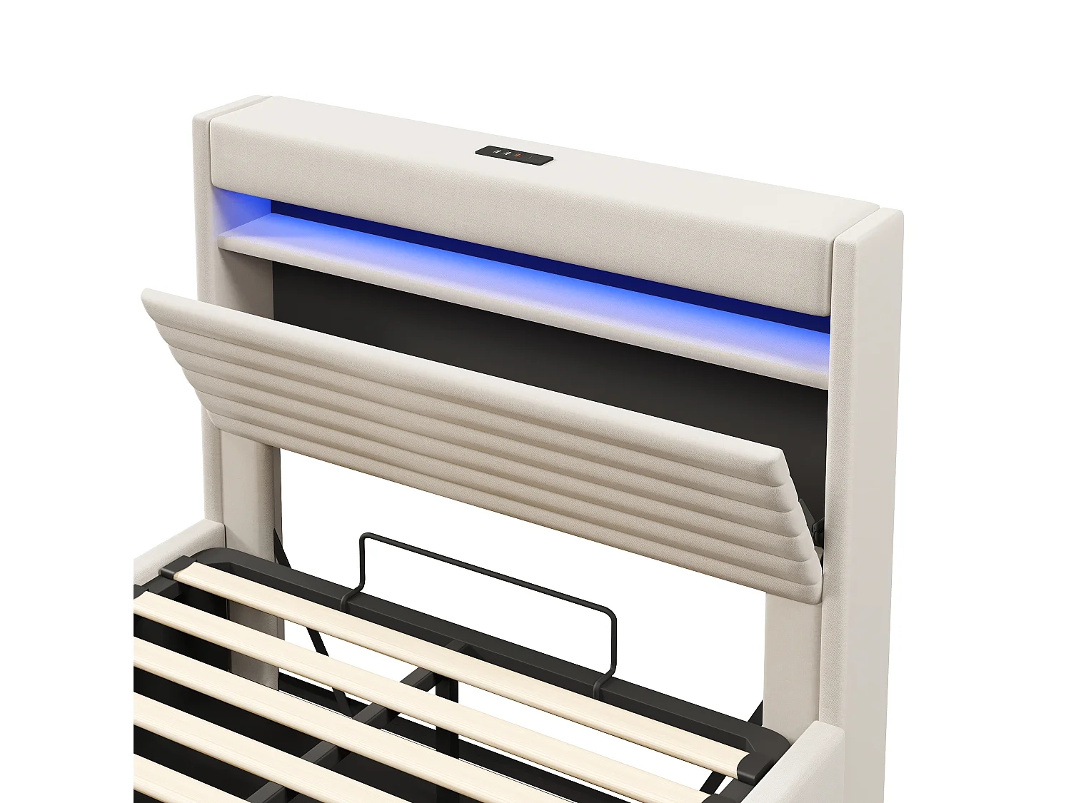 Lit coffre rembourré 140x200 cm - avec port USB Type-C - avec éclairage LED - avec compartiment de rangement - Beige (matelas non inclus)