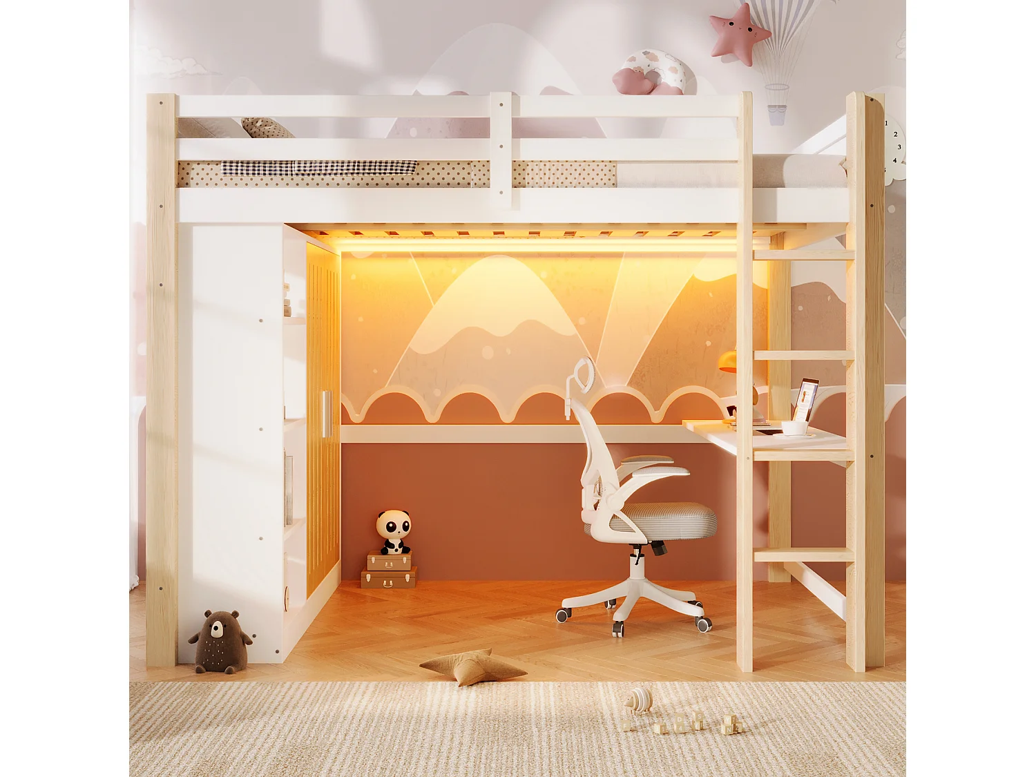 Lit mezzanine 140x200 cm - avec éclairage LED - avec armoire - avec étagères et bureau - blanc + couleur naturelle (matelas non inclus)