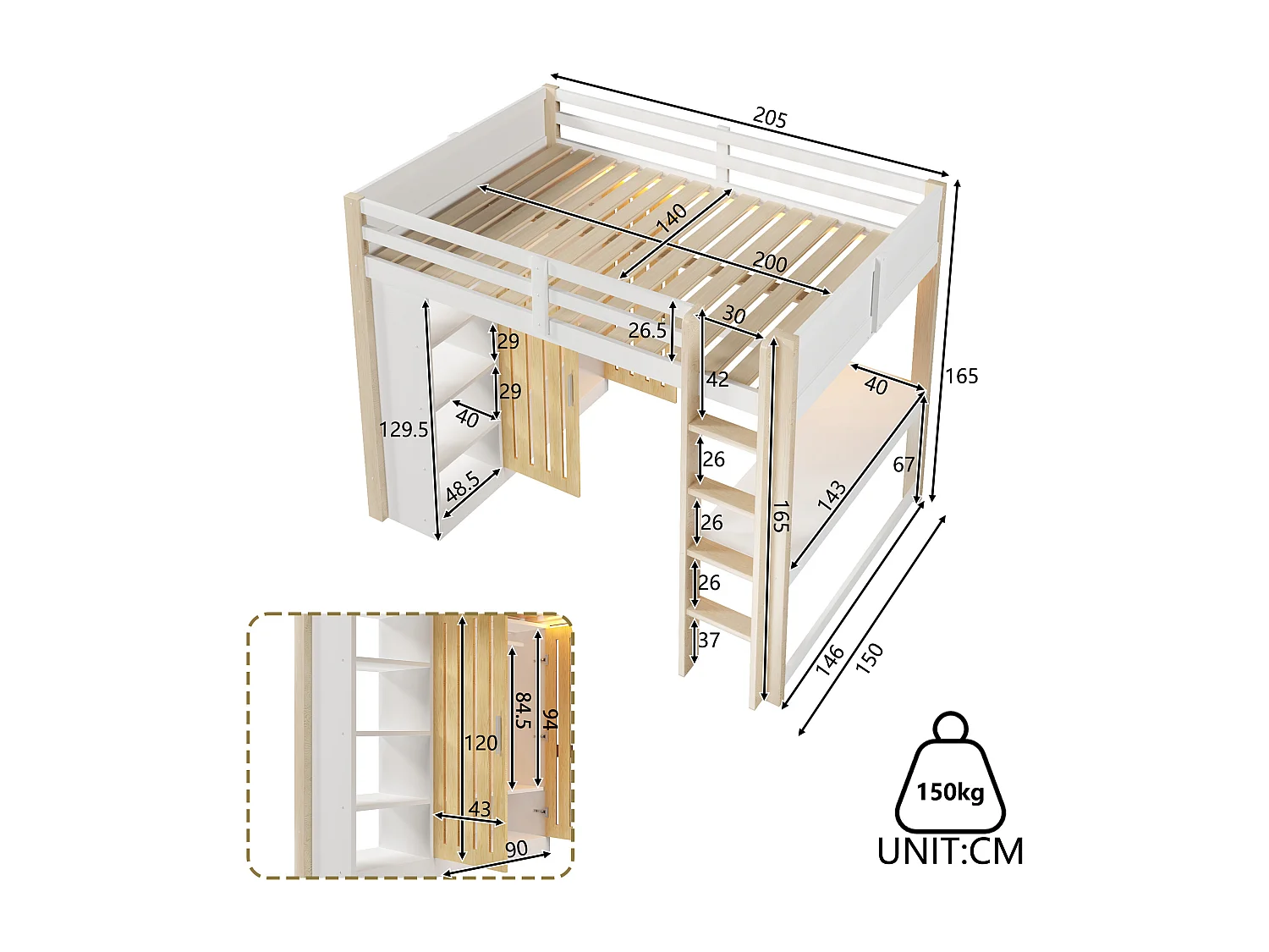 Lit mezzanine 140x200 cm - avec éclairage LED - avec armoire - avec étagères et bureau - blanc + couleur naturelle (matelas non inclus)