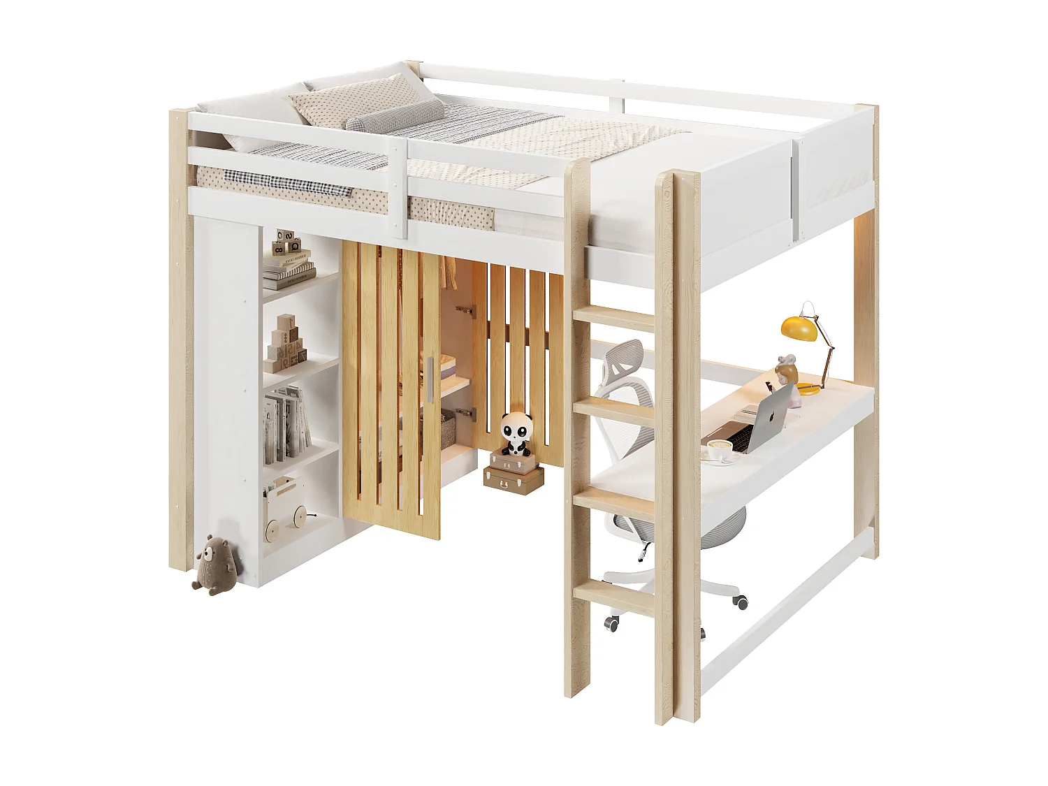 Lit mezzanine 140x200 cm - avec éclairage LED - avec armoire - avec étagères et bureau - blanc + couleur naturelle (matelas non inclus)