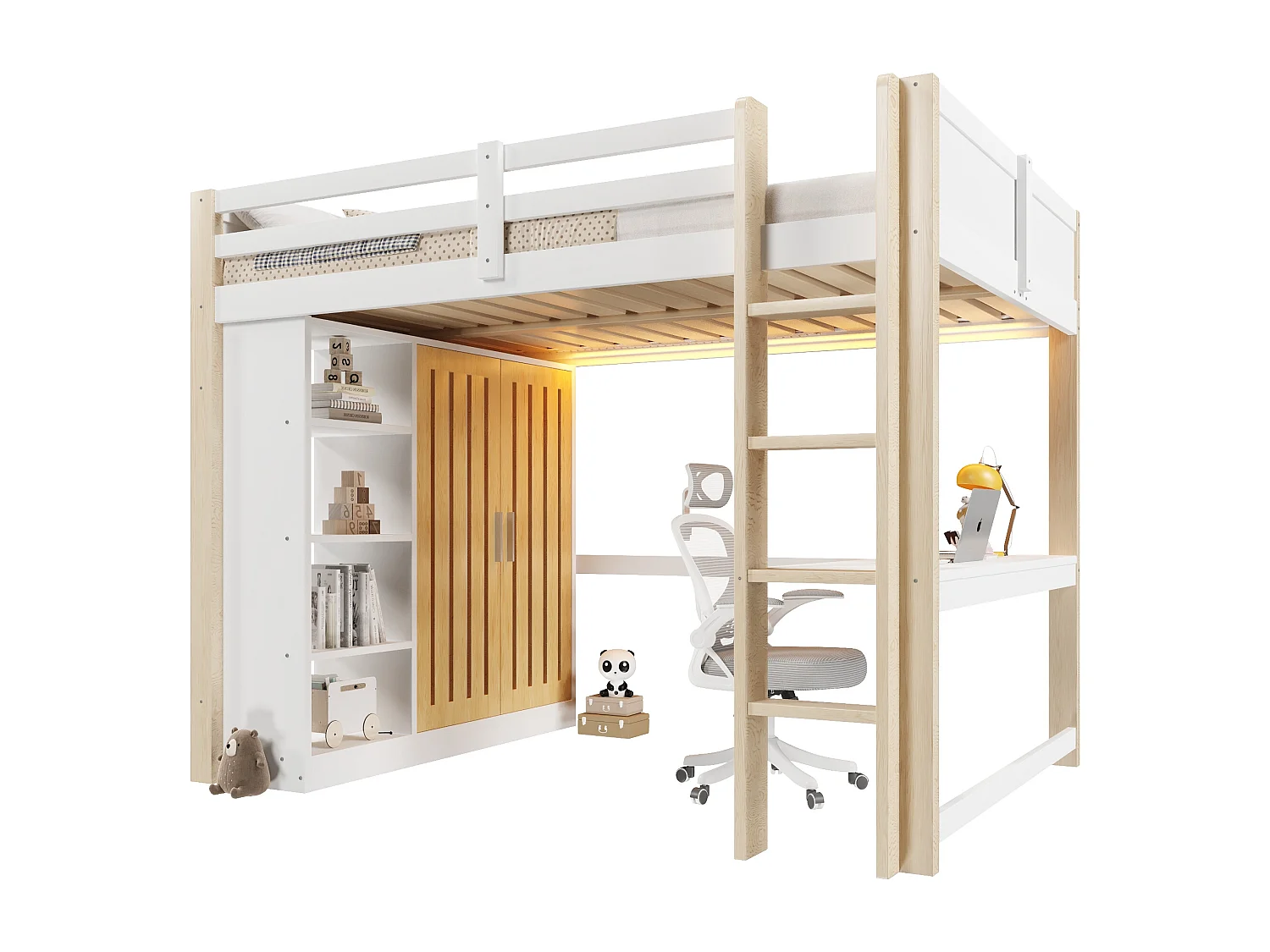 Lit mezzanine 140x200 cm - avec éclairage LED - avec armoire - avec étagères et bureau - blanc + couleur naturelle (matelas non inclus)