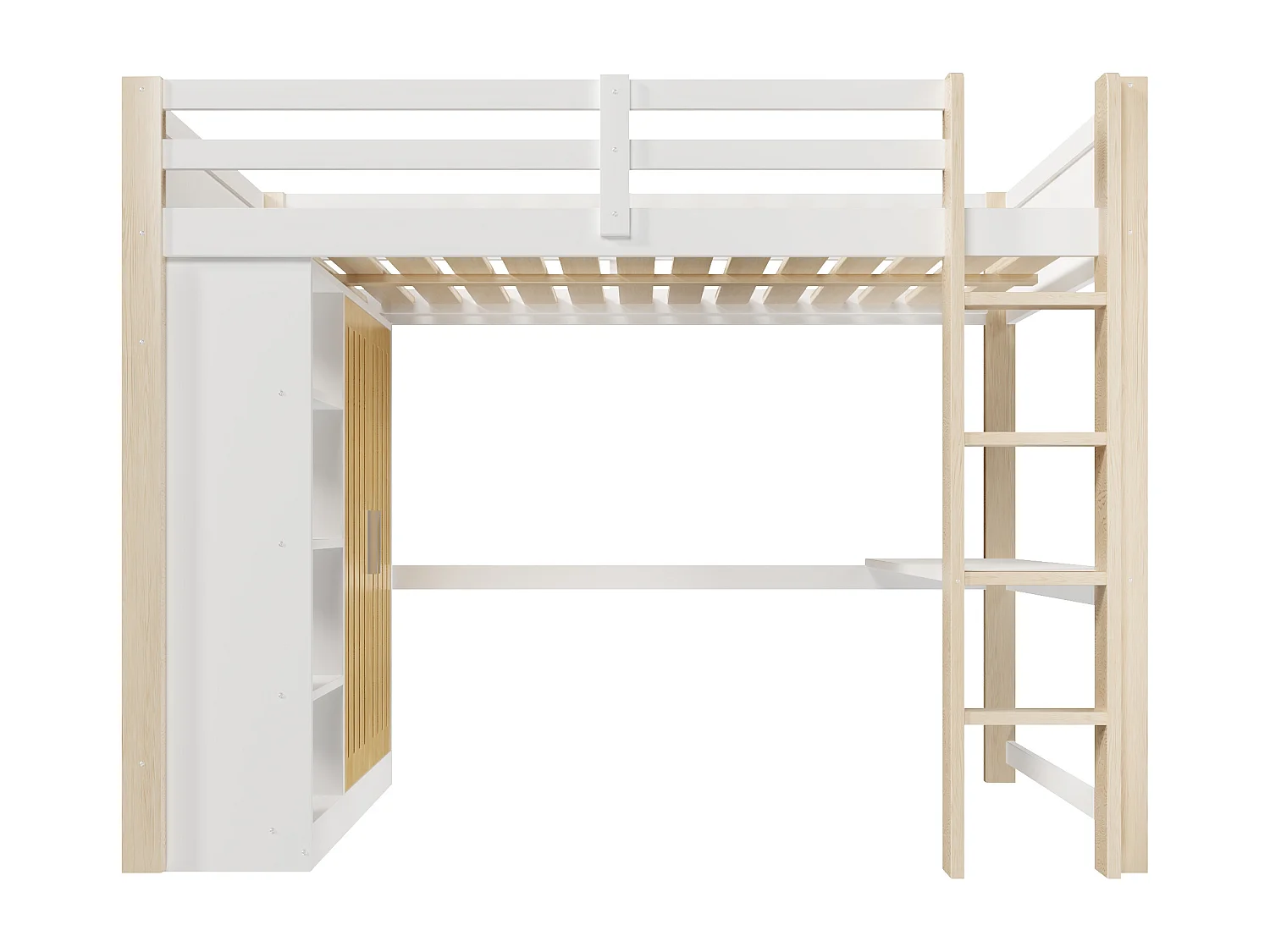 Lit mezzanine 140x200 cm - avec éclairage LED - avec armoire - avec étagères et bureau - blanc + couleur naturelle (matelas non inclus)