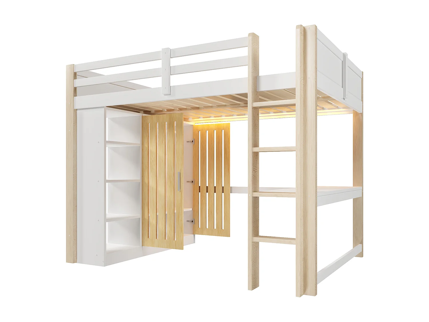 Lit mezzanine 140x200 cm - avec éclairage LED - avec armoire - avec étagères et bureau - blanc + couleur naturelle (matelas non inclus)