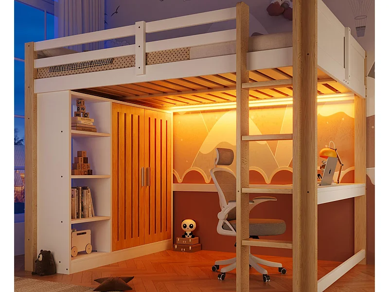 Lit mezzanine 140x200 cm - avec éclairage LED - avec armoire - avec étagères et bureau - blanc + couleur naturelle (matelas non inclus)