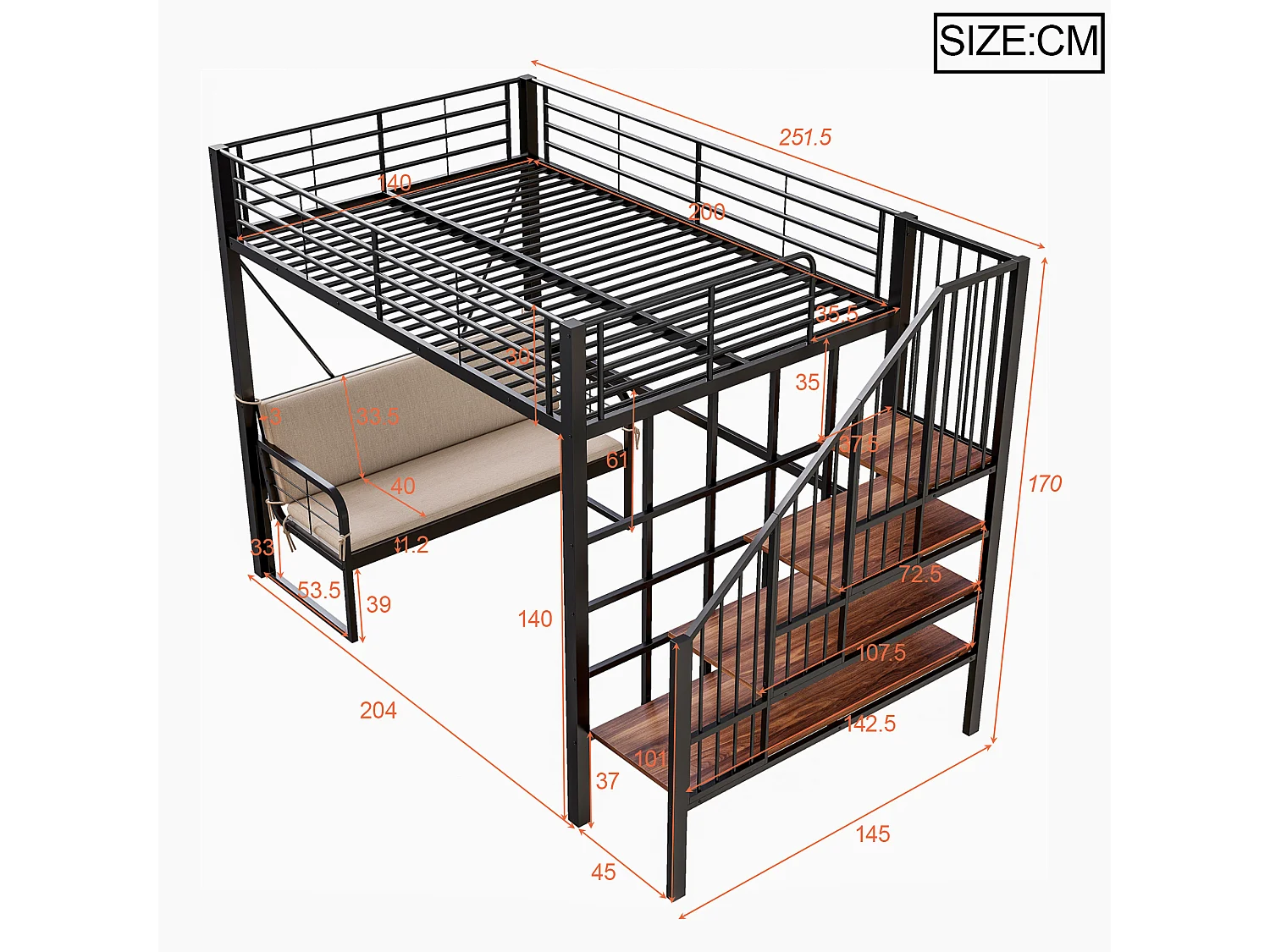 Lit mezzanine 90 x 200 cm - Structure en métal - Avec canapé - Avec escalier - Noir (matelas non inclus)
