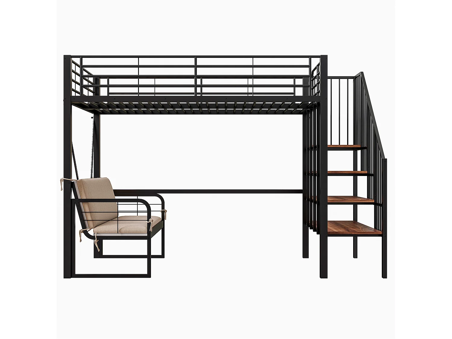 Lit mezzanine 90 x 200 cm - Structure en métal - Avec canapé - Avec escalier - Noir (matelas non inclus)