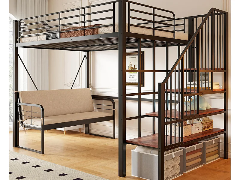 Hoogslaper 90 x 200 cm - Metalen constructie - Met bank - Met ladder - Zwart​ (matras niet inbegrepen)