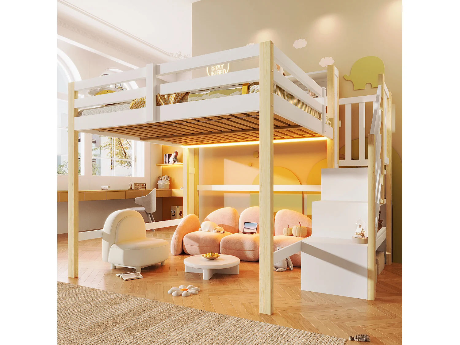 Lit mezzanine 140x200cm - avec éclairage LED - avec échelle de rangement - Blanc + Naturel (matelas non inclus)