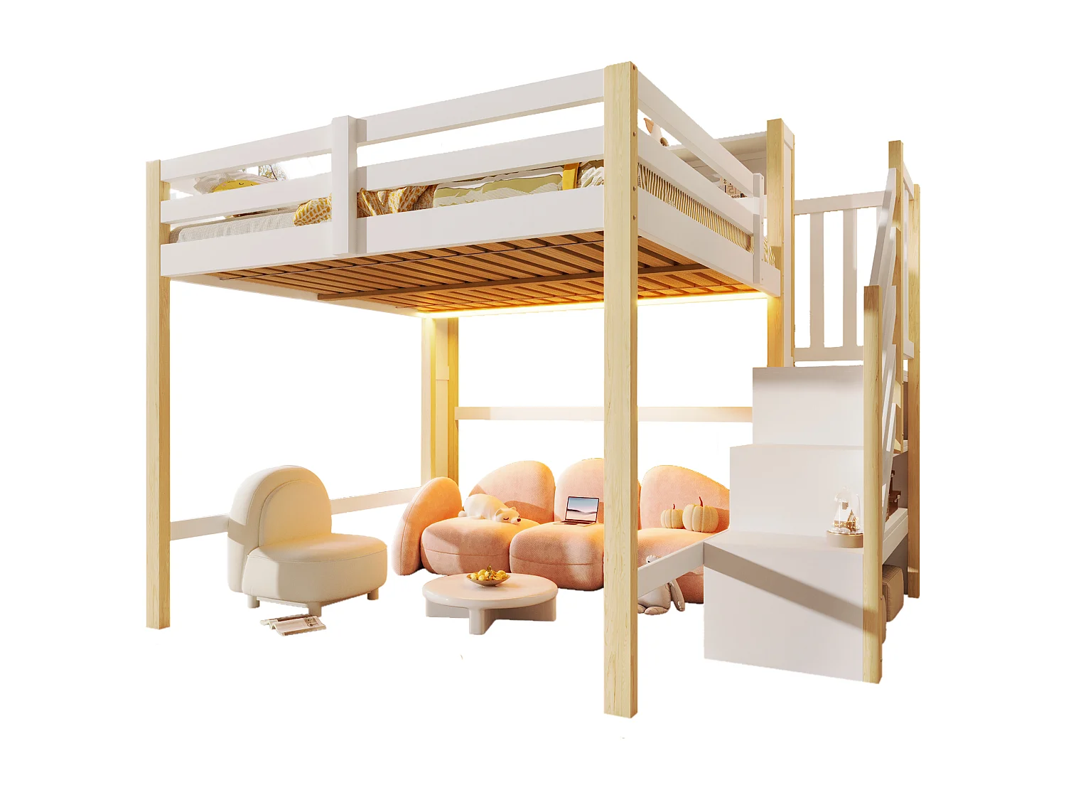 Lit mezzanine 140x200cm - avec éclairage LED - avec échelle de rangement - Blanc + Naturel (matelas non inclus)