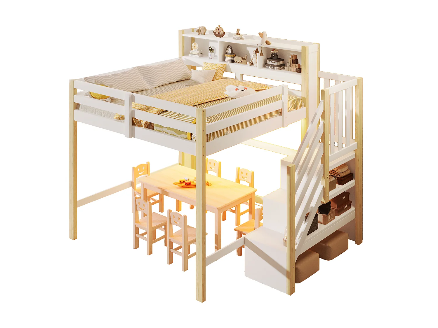 Lit mezzanine 140x200cm - avec éclairage LED - avec échelle de rangement - Blanc + Naturel (matelas non inclus)