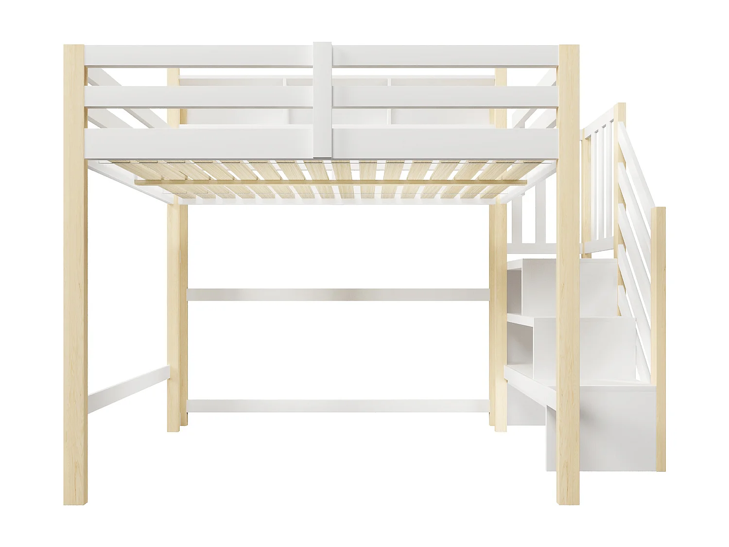 Lit mezzanine 140x200cm - avec éclairage LED - avec échelle de rangement - Blanc + Naturel (matelas non inclus)