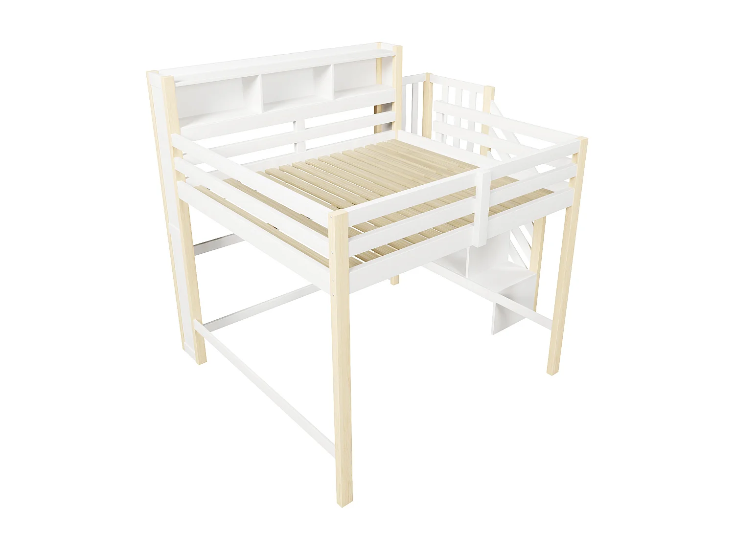 Lit mezzanine 140x200cm - avec éclairage LED - avec échelle de rangement - Blanc + Naturel (matelas non inclus)