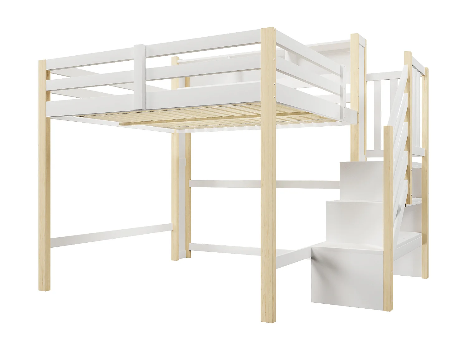 Lit mezzanine 140x200cm - avec éclairage LED - avec échelle de rangement - Blanc + Naturel (matelas non inclus)