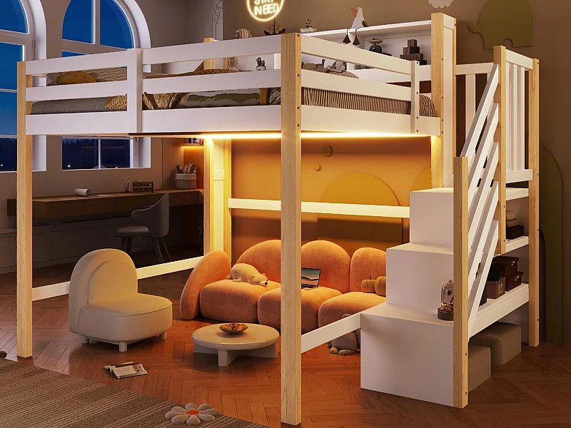 Lit mezzanine 140x200cm - avec éclairage LED - avec échelle de rangement - Blanc + Naturel (matelas non inclus)