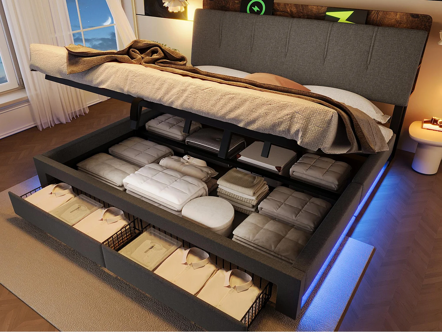 Lit coffre capitonné 180x200 cm - avec port USB Type-C - avec éclairage LED - lin - gris (matelas non inclus)