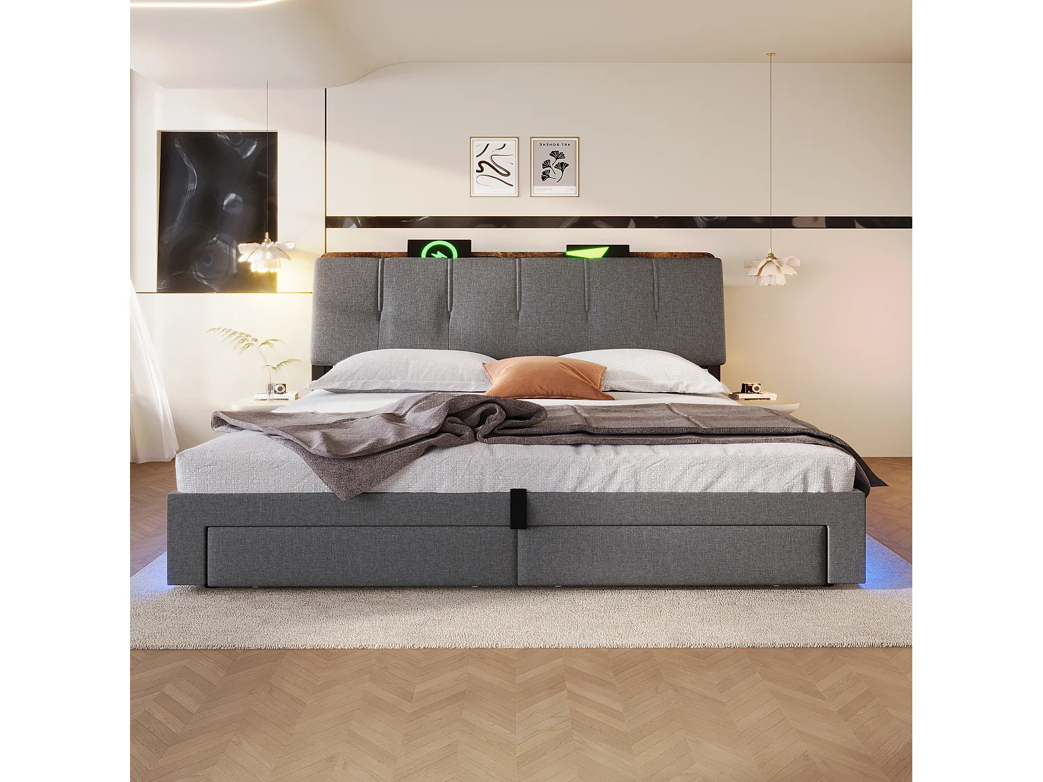 Lit coffre capitonné 180x200 cm - avec port USB Type-C - avec éclairage LED - lin - gris (matelas non inclus)