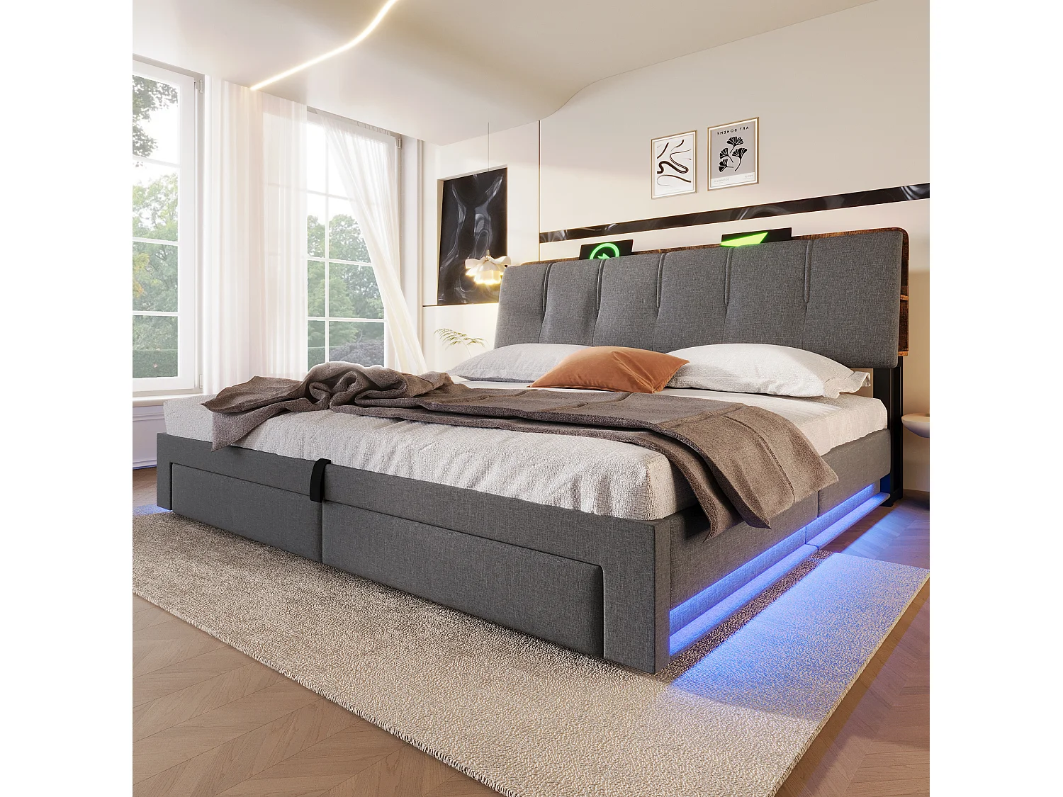 Lit coffre capitonné 180x200 cm - avec port USB Type-C - avec éclairage LED - lin - gris (matelas non inclus)