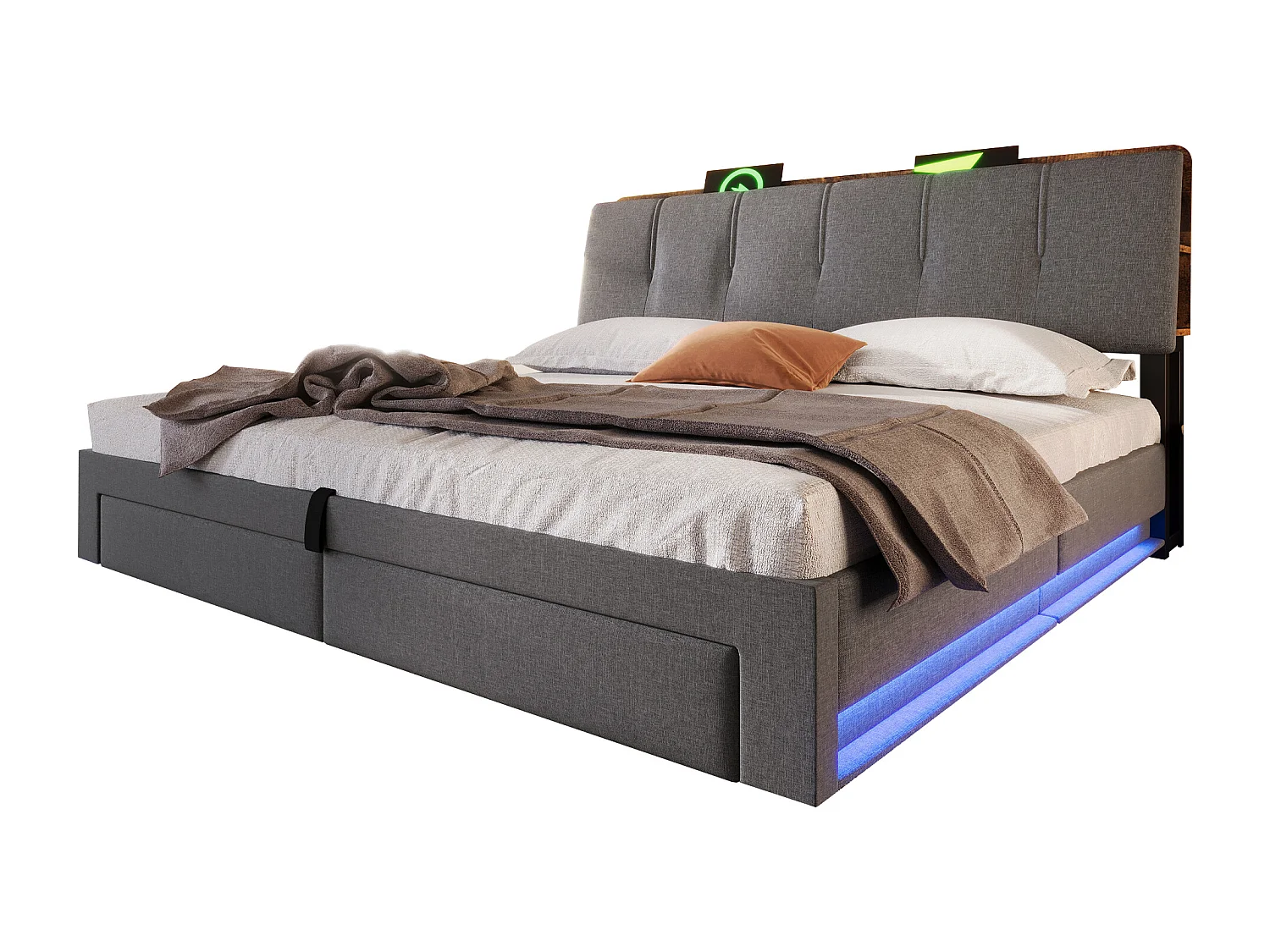 Lit coffre capitonné 180x200 cm - avec port USB Type-C - avec éclairage LED - lin - gris (matelas non inclus)
