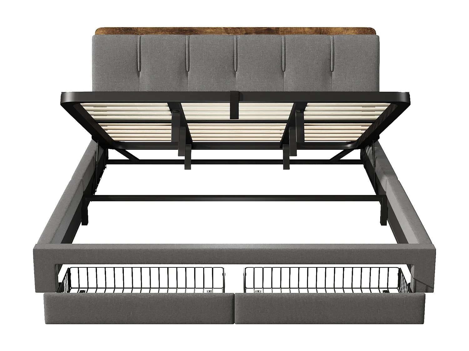 Lit coffre capitonné 180x200 cm - avec port USB Type-C - avec éclairage LED - lin - gris (matelas non inclus)