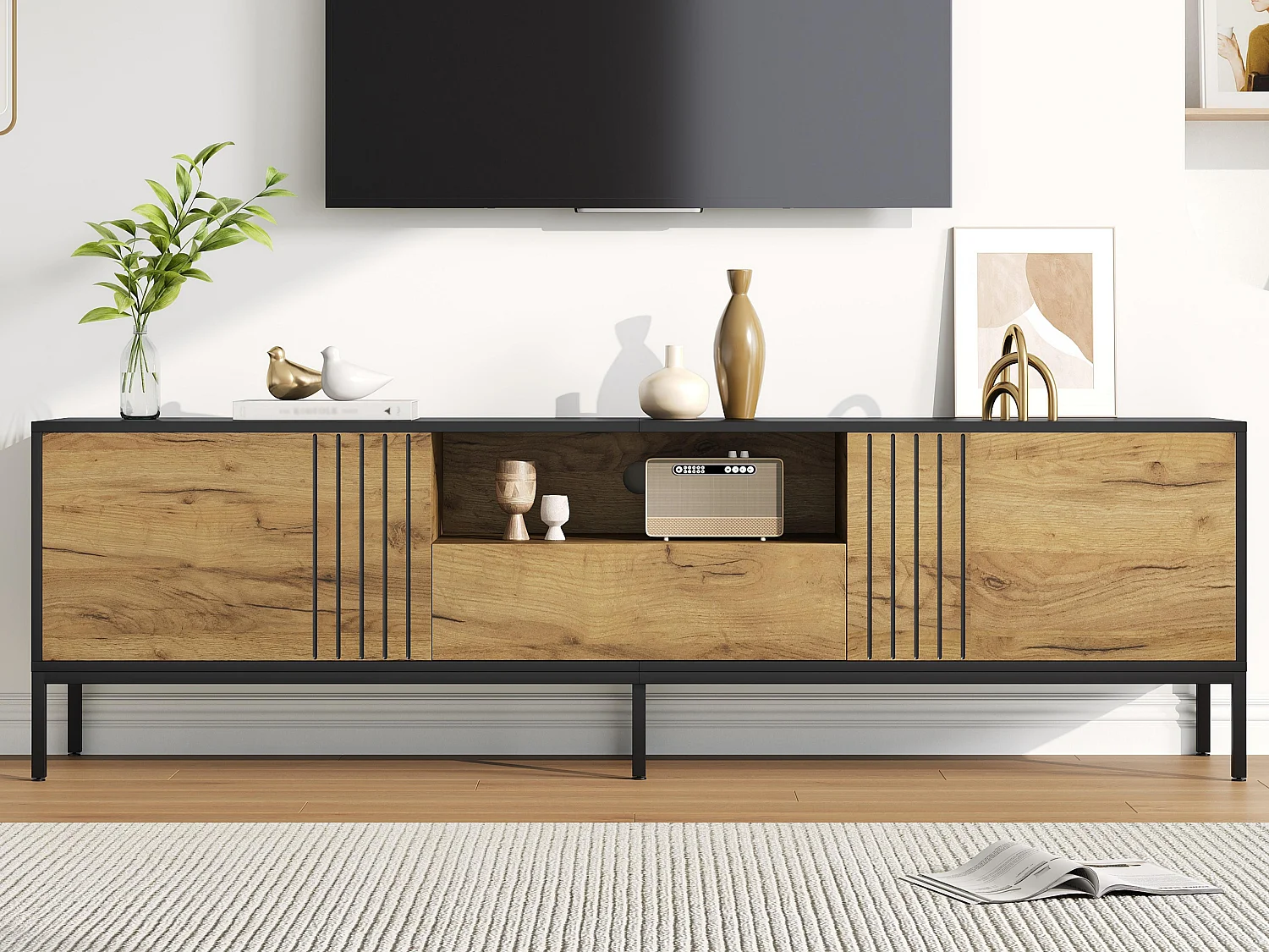 TV-Schrank 170x35x50 cm - 2 Türen und 1 Schublade - TV bis zu 70 Zoll - Spanplatten - Natur und Schwarz