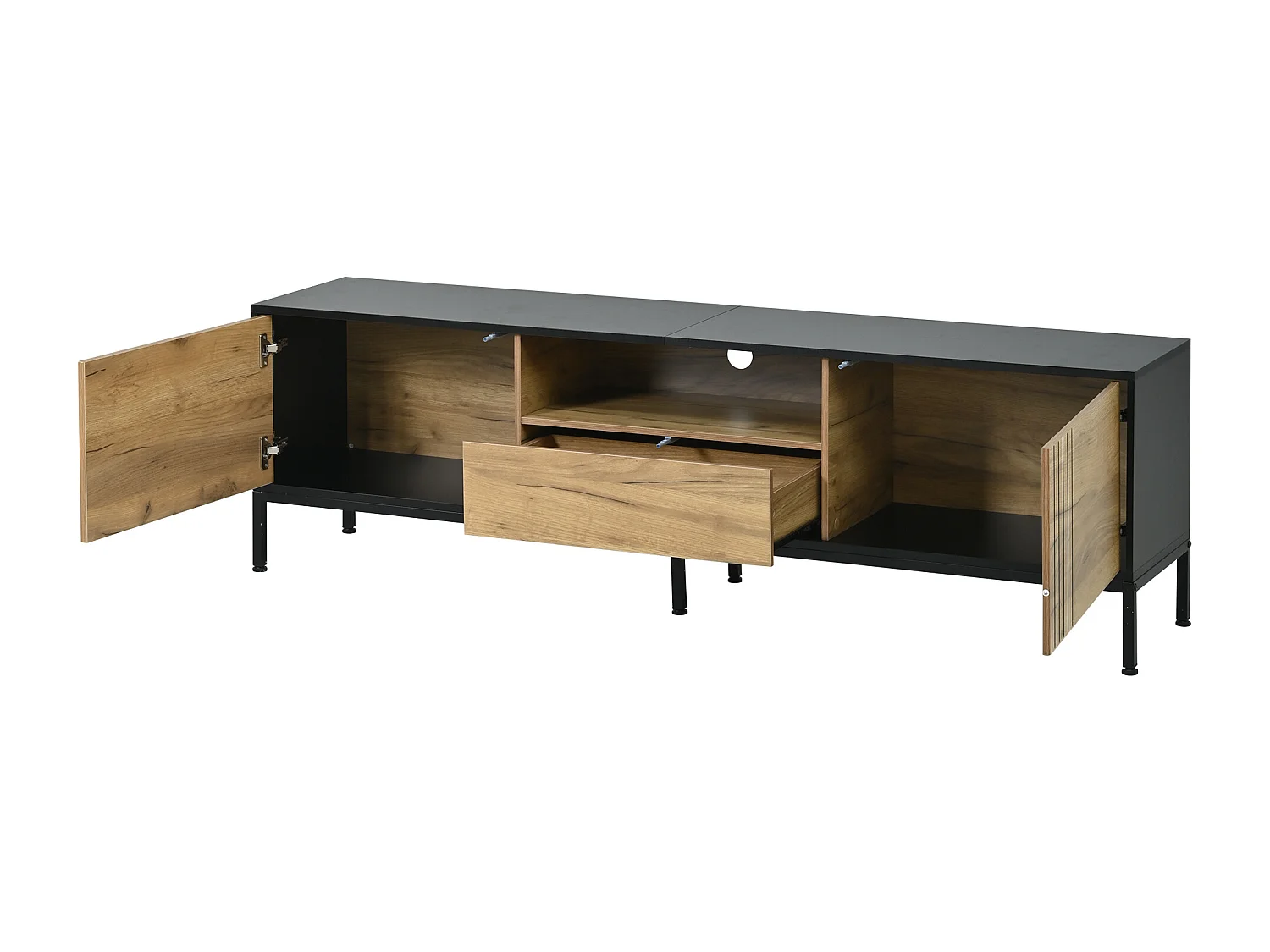 TV-Schrank 170x35x50 cm - 2 Türen und 1 Schublade - TV bis zu 70 Zoll - Spanplatten - Natur und Schwarz