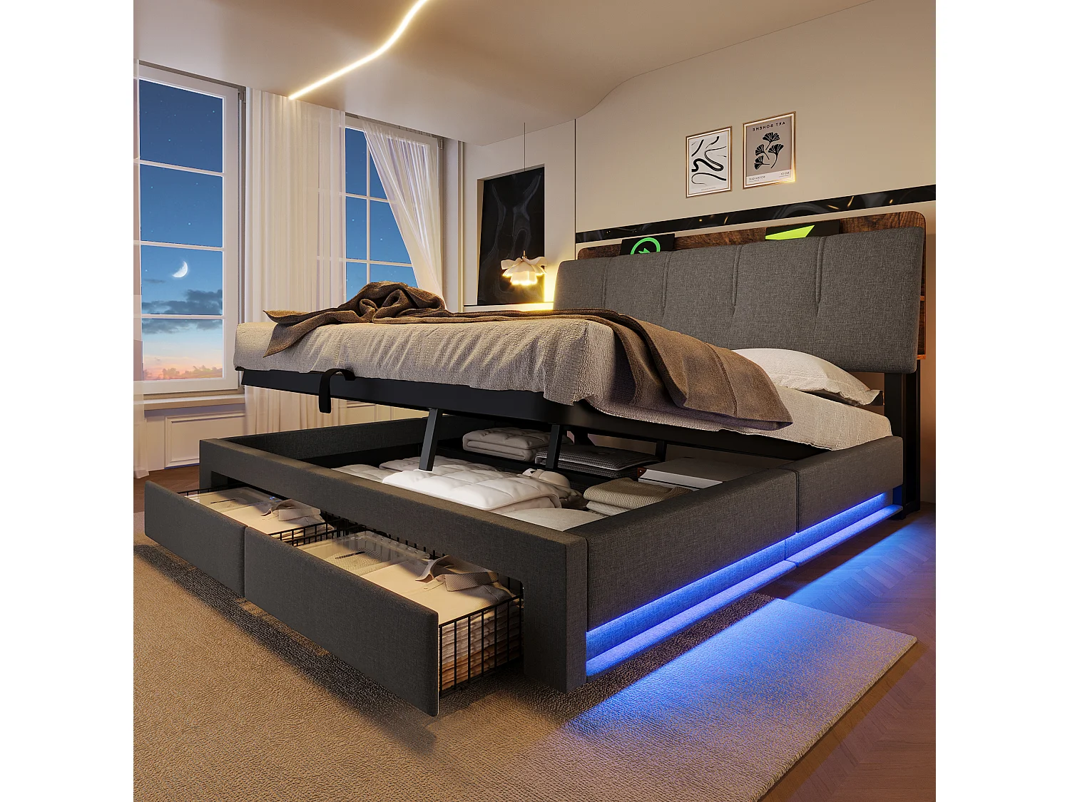 Lit coffre capitonné 140x200 cm - avec port USB Type-C - avec éclairage LED - lin - gris (matelas non inclus)