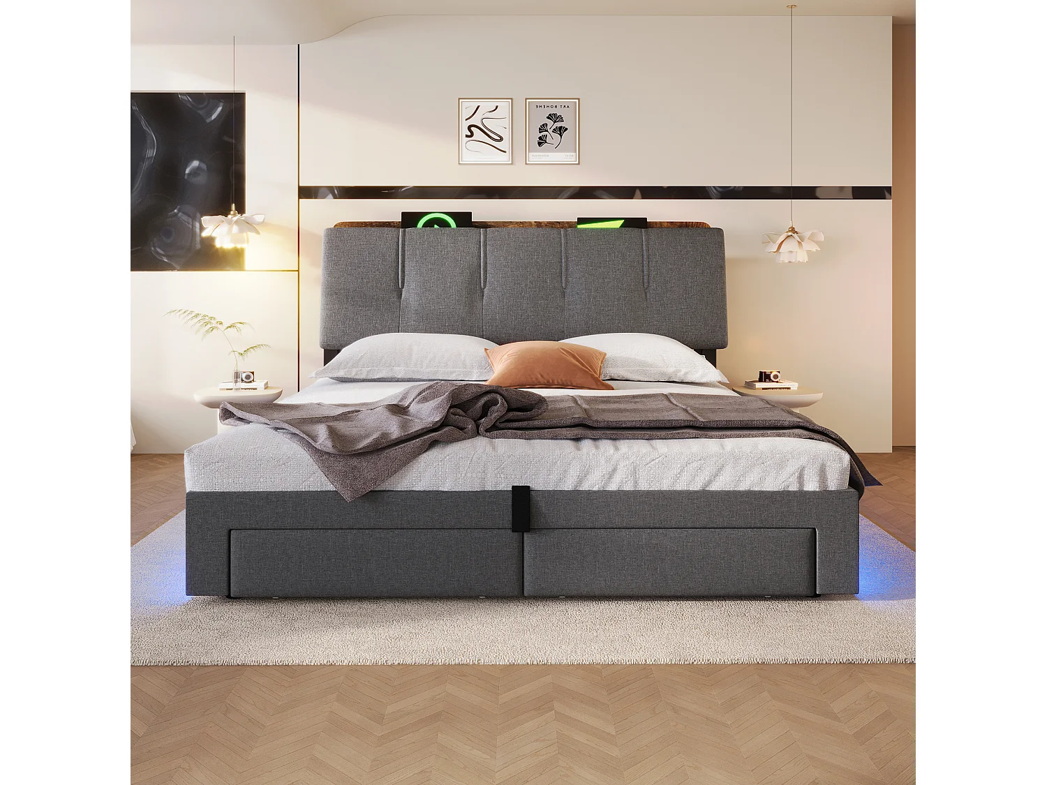 Lit coffre capitonné 140x200 cm - avec port USB Type-C - avec éclairage LED - lin - gris (matelas non inclus)