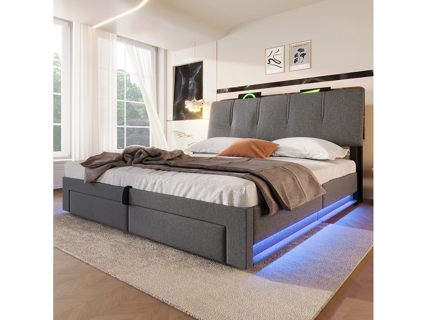 Lit coffre capitonné 140x200 cm - avec port USB Type-C - avec éclairage LED - lin - gris (matelas non inclus)