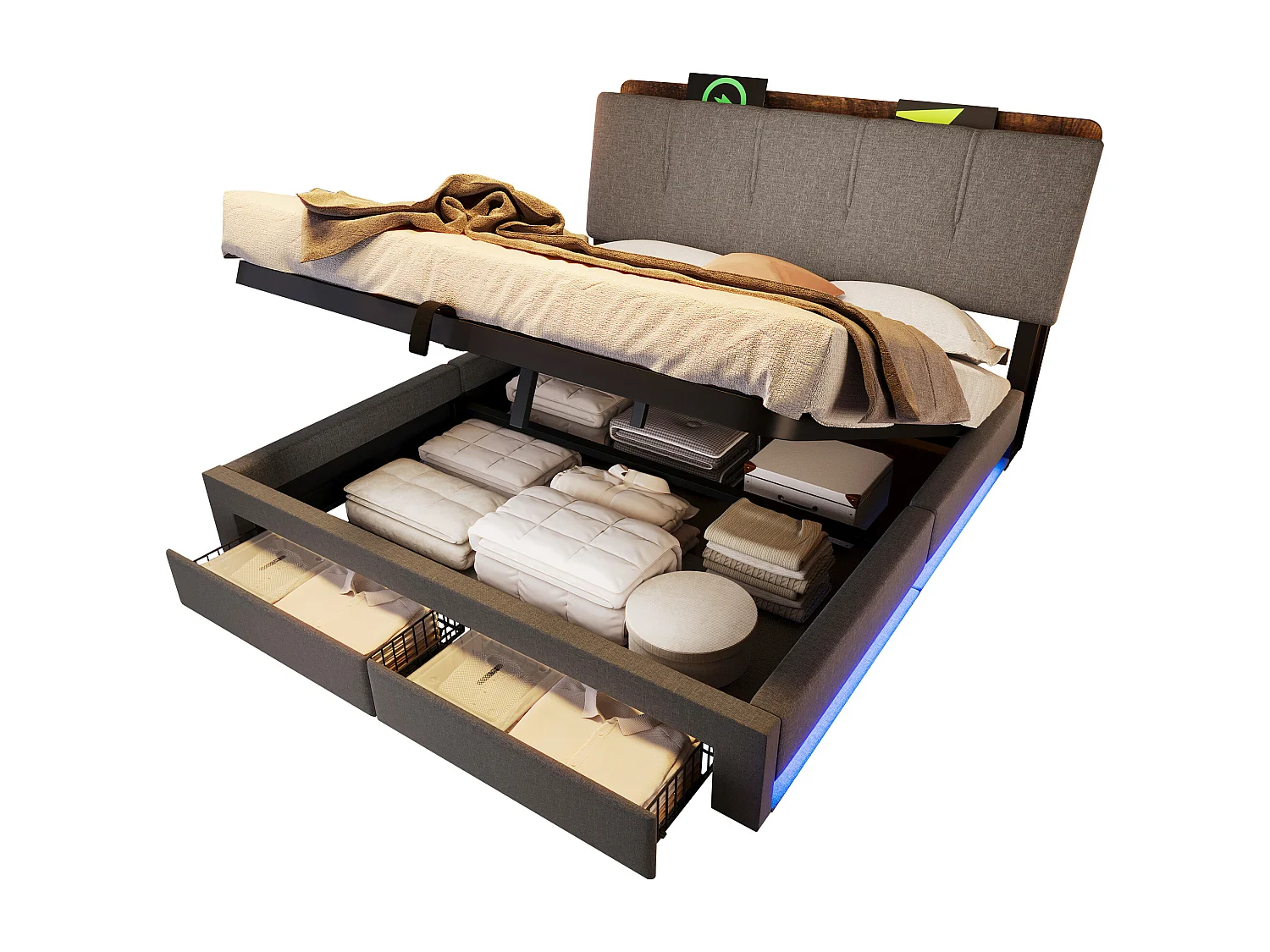 Lit coffre capitonné 140x200 cm - avec port USB Type-C - avec éclairage LED - lin - gris (matelas non inclus)