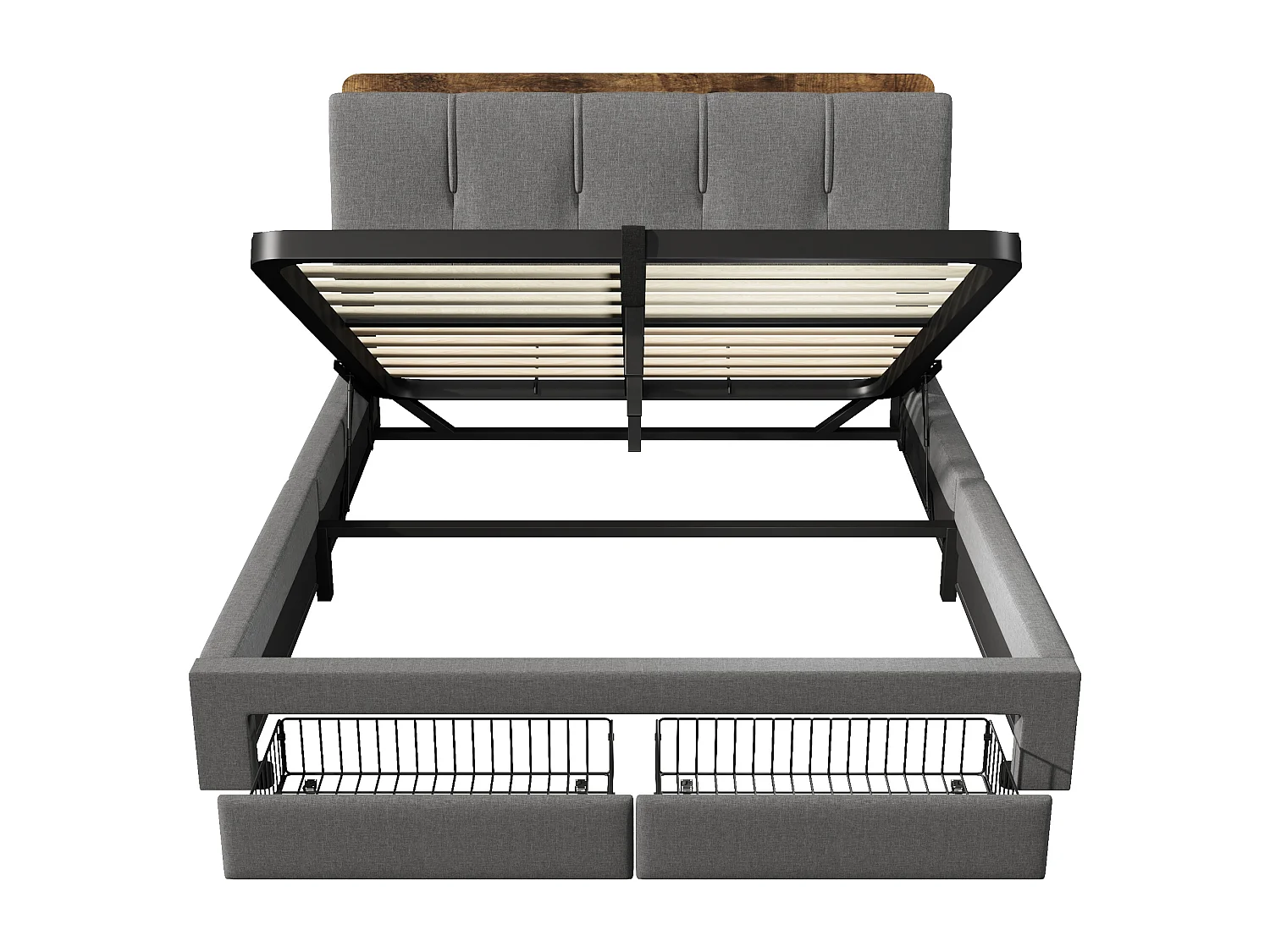 Lit coffre capitonné 140x200 cm - avec port USB Type-C - avec éclairage LED - lin - gris (matelas non inclus)