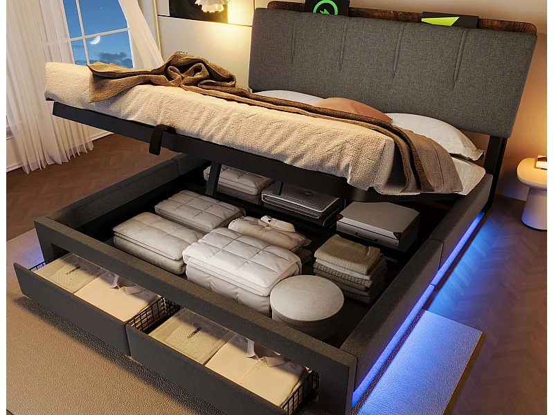 Lit coffre capitonné 140x200 cm - avec port USB Type-C - avec éclairage LED - lin - gris (matelas non inclus)