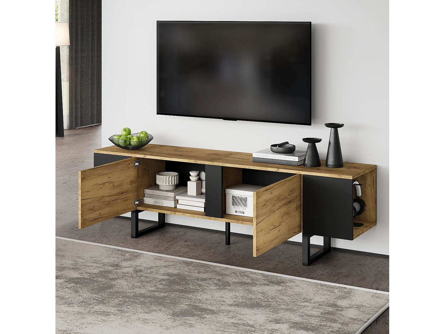 TV-Schrank 180x40x55 cm - 2 Türen und offene Regale - TV bis zu 75 Zoll - Spanplatten - Natur und Schwarz