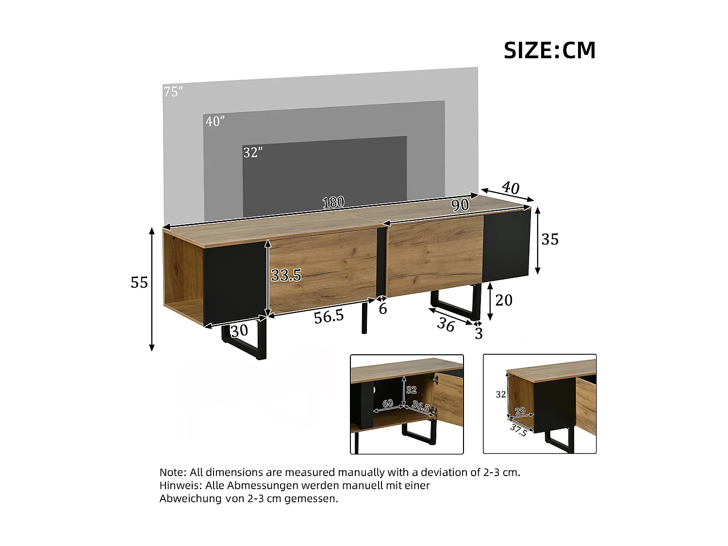 TV-Schrank 180x40x55 cm - 2 Türen und offene Regale - TV bis zu 75 Zoll - Spanplatten - Natur und Schwarz