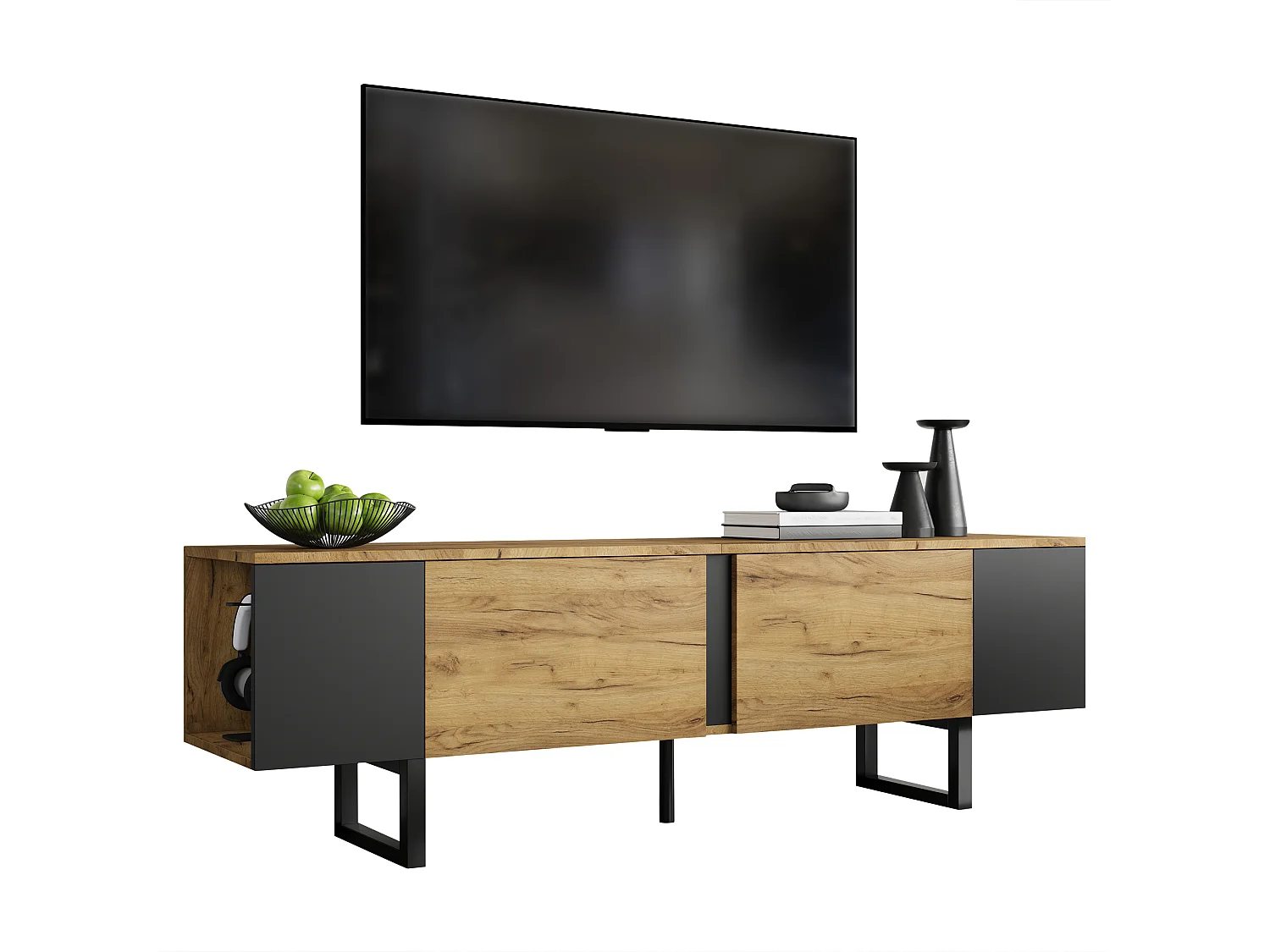 TV-Schrank 180x40x55 cm - 2 Türen und offene Regale - TV bis zu 75 Zoll - Spanplatten - Natur und Schwarz