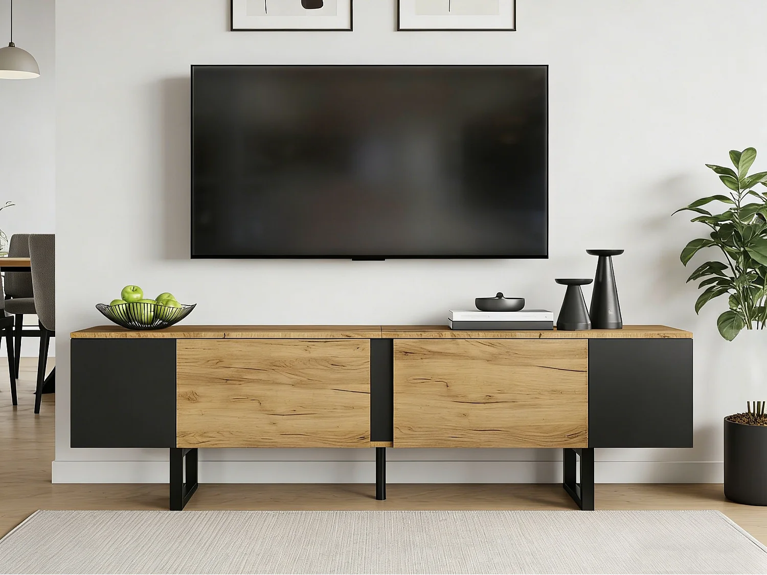 TV-Schrank 180x40x55 cm - 2 Türen und offene Regale - TV bis zu 75 Zoll - Spanplatten - Natur und Schwarz