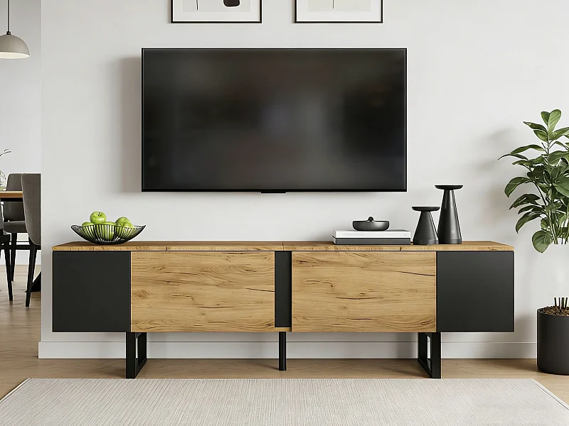 TV-Schrank 180x40x55 cm - 2 Türen und offene Regale - TV bis zu 75 Zoll - Spanplatten - Natur und Schwarz