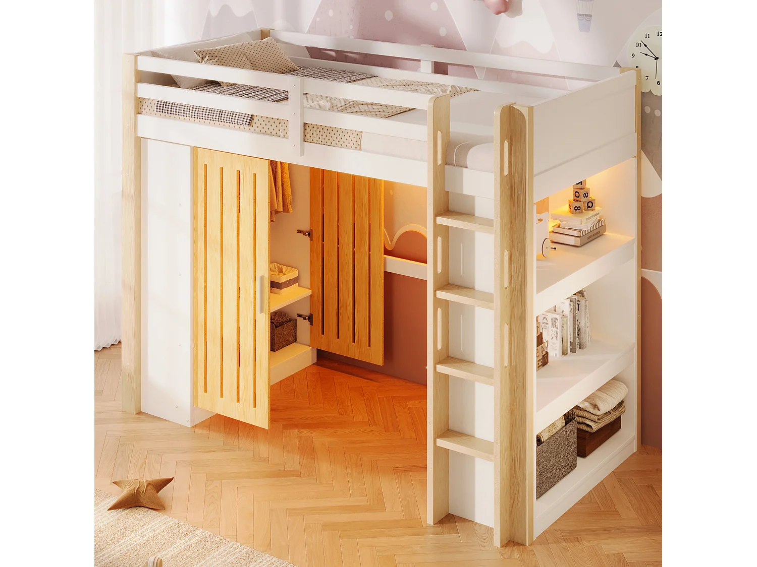 Lit mezzanine 90x200cm - avec éclairage LED - avec armoire - avec étagères - blanc + naturel (matelas non inclus)