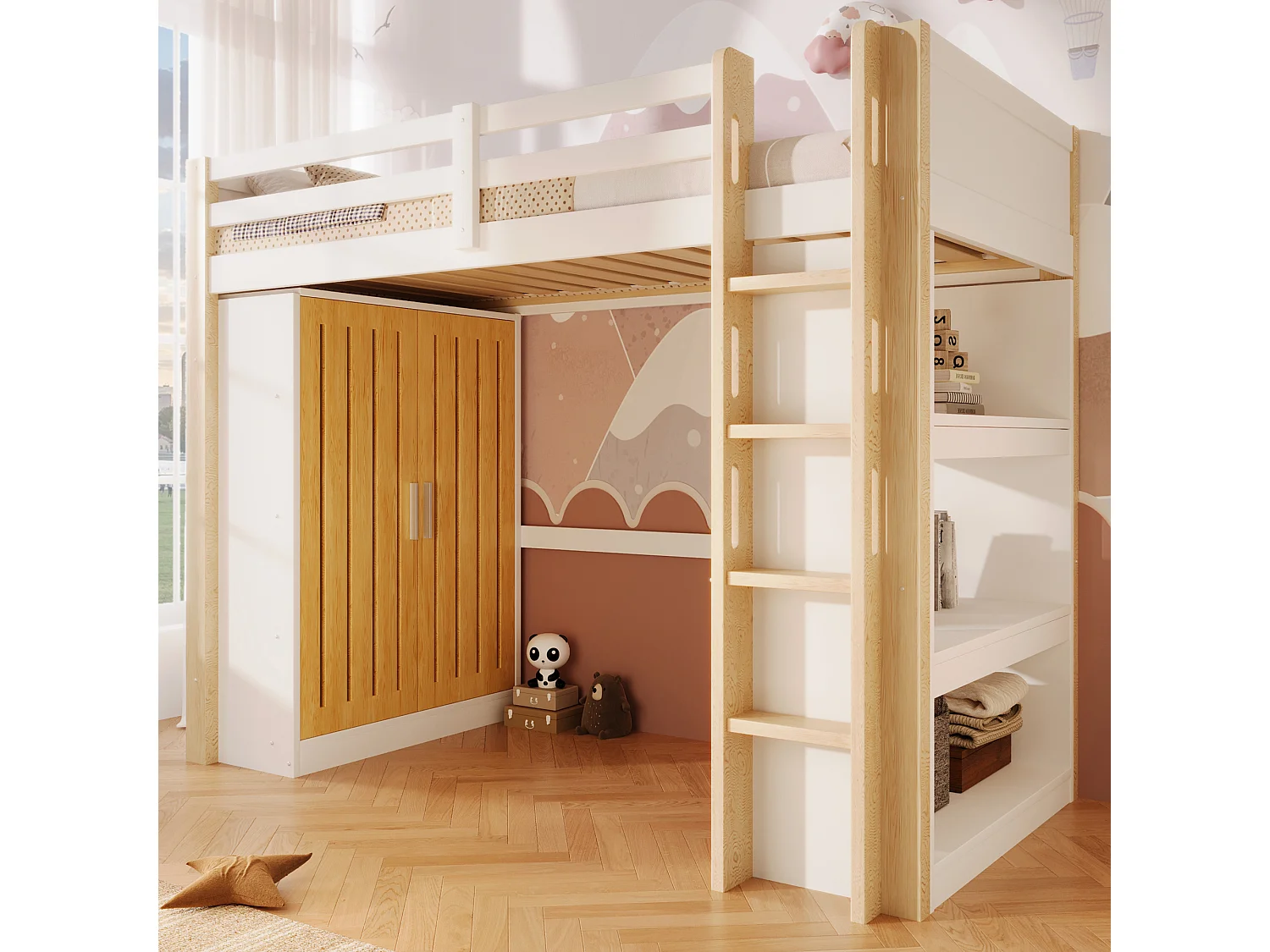 Lit mezzanine 90x200cm - avec éclairage LED - avec armoire - avec étagères - blanc + naturel (matelas non inclus)