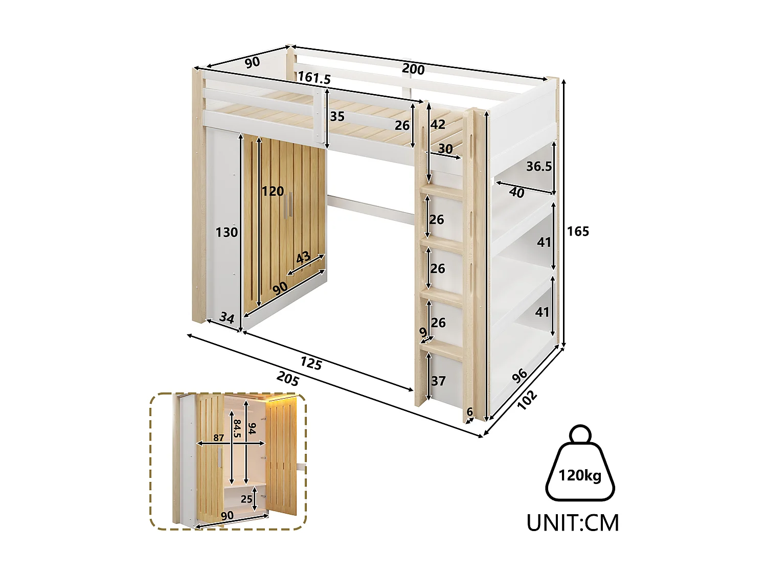Lit mezzanine 90x200cm - avec éclairage LED - avec armoire - avec étagères - blanc + naturel (matelas non inclus)