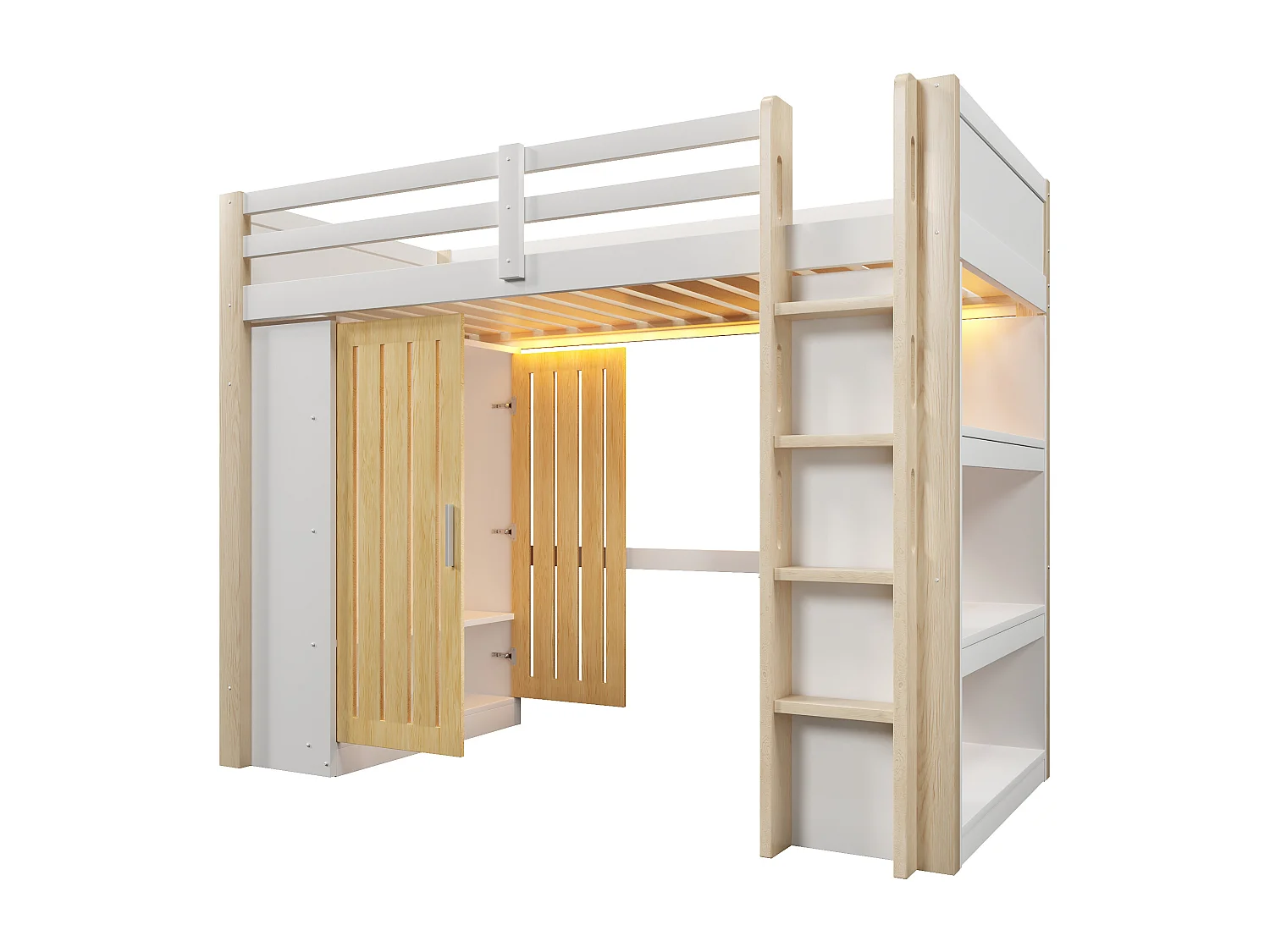 Lit mezzanine 90x200cm - avec éclairage LED - avec armoire - avec étagères - blanc + naturel (matelas non inclus)
