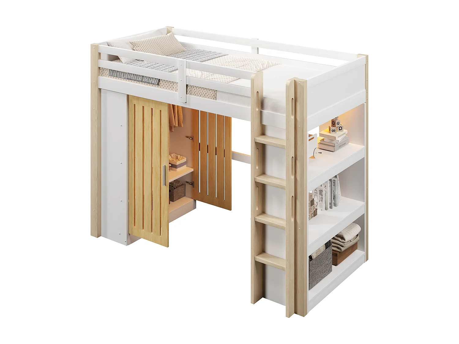Lit mezzanine 90x200cm - avec éclairage LED - avec armoire - avec étagères - blanc + naturel (matelas non inclus)