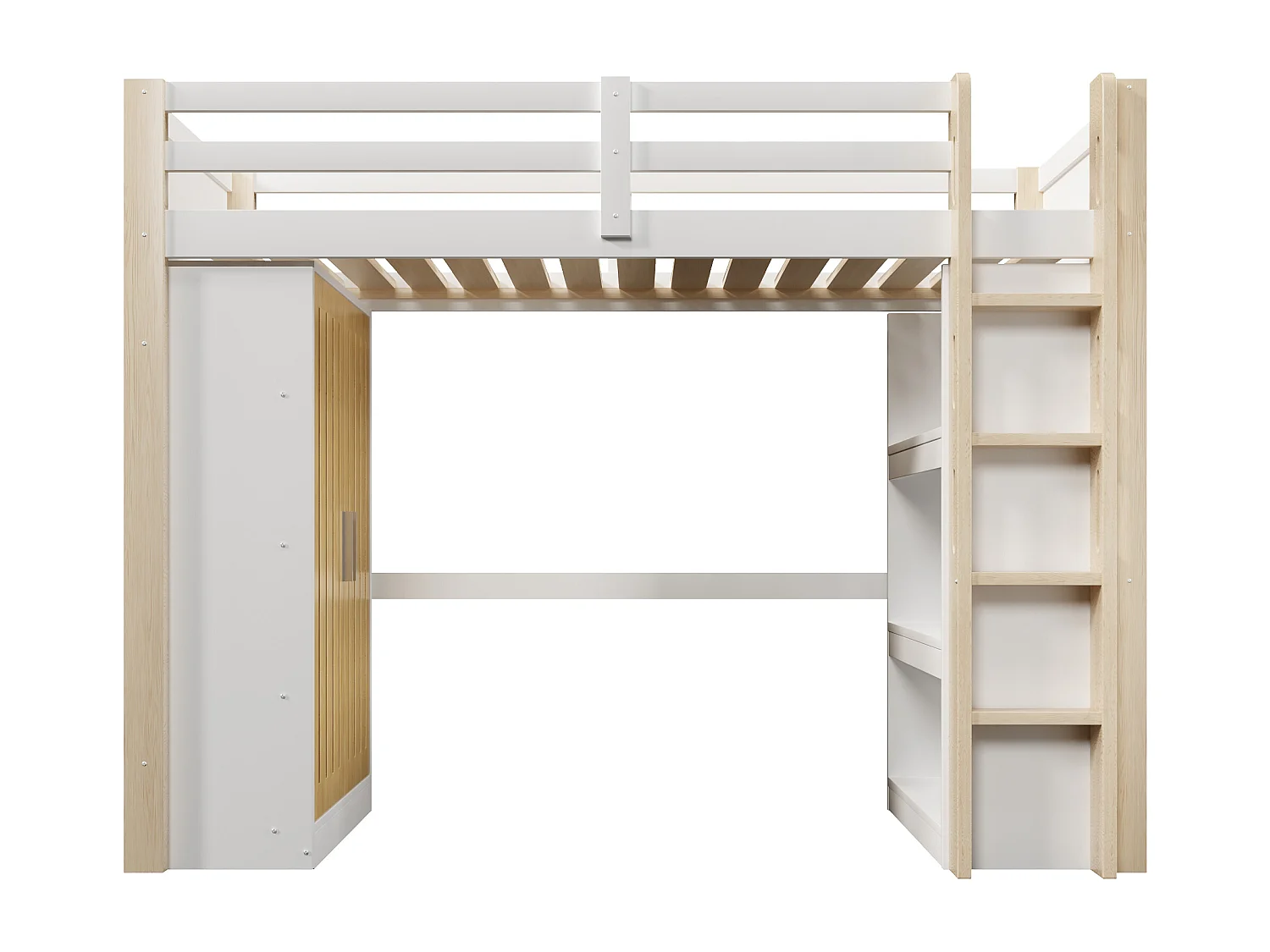 Lit mezzanine 90x200cm - avec éclairage LED - avec armoire - avec étagères - blanc + naturel (matelas non inclus)