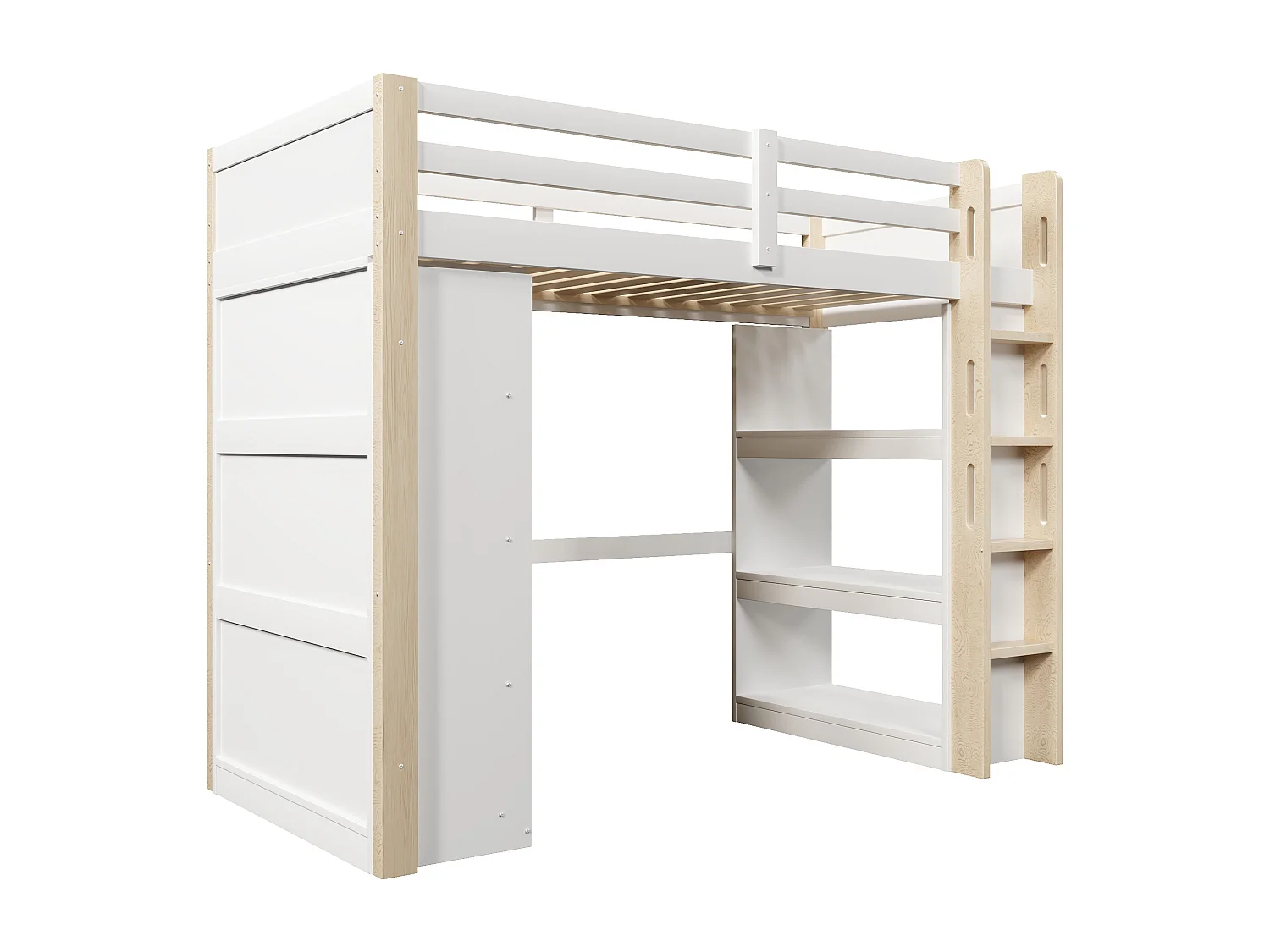 Lit mezzanine 90x200cm - avec éclairage LED - avec armoire - avec étagères - blanc + naturel (matelas non inclus)