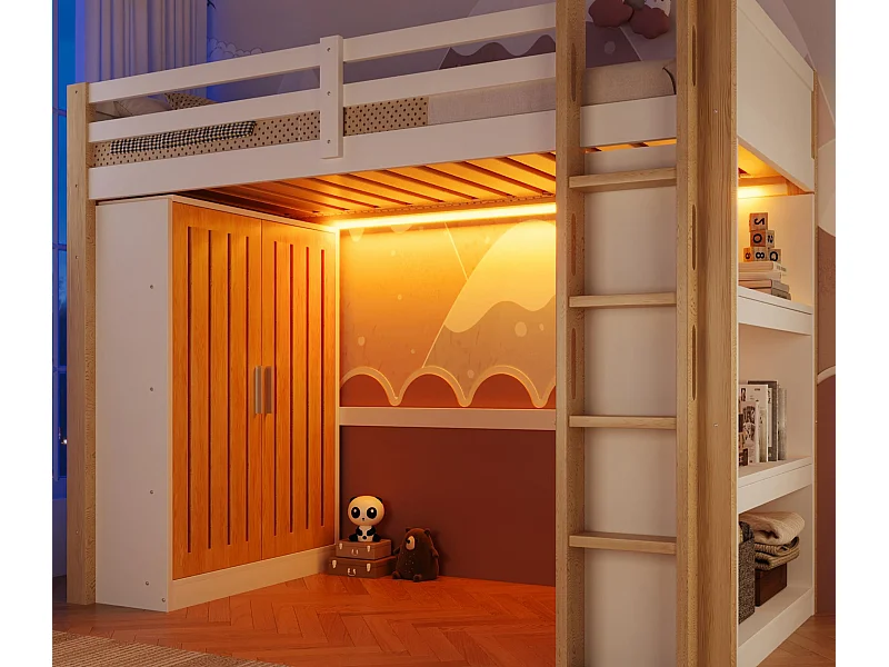 Lit mezzanine 90x200cm - avec éclairage LED - avec armoire - avec étagères - blanc + naturel (matelas non inclus)